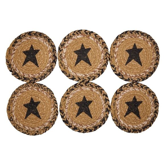 NEW! Primitive Black Star Jute Braided Coaster Set of Six Farmhouse Country - Picture 2 of 3